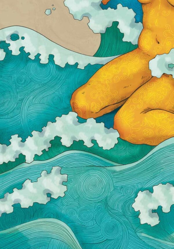 Zoomed In Image Of &Quot;Tuck Me In&Quot;. Intricate Tattoo Details On The Legs And Stomach Of The Woman Surrounded By Waves.