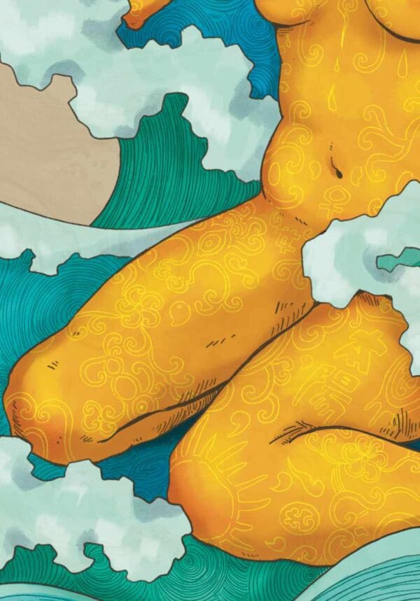 Zoomed In Image Of &Quot;Tuck Me In&Quot;. Intricate Tattoo Details On The Legs And Stomach Of The Woman Surrounded By Waves.