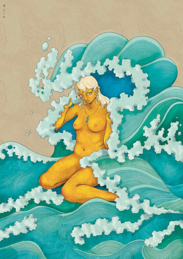 A Blonde Haired Woman Is Surrounded By Waves And Is Holdling The Waves That Resembles Holding A Blanket.