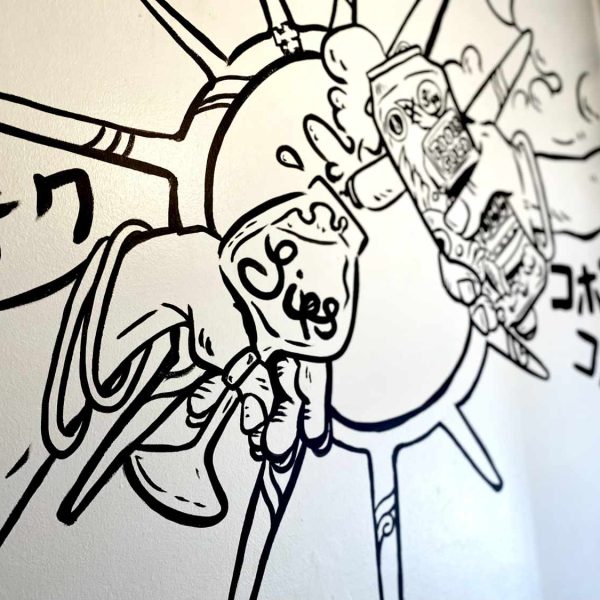 The two arms, inspired by the "Creation of Adam", are pouring craft beer into a glass