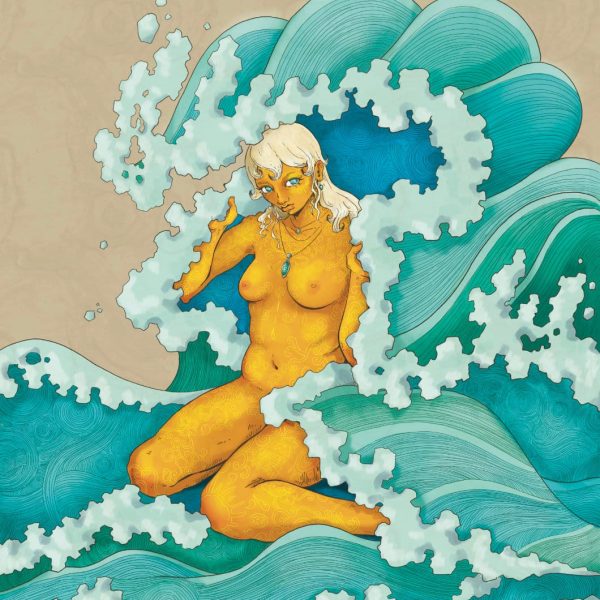 A blonde haired woman is surrounded by waves and is holdling the waves that resembles holding a blanket.